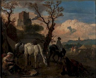 Attributed to Johannes van der Bent (Dutch, 1650-1690)  Military Encampment with Foreground Figures at Rest