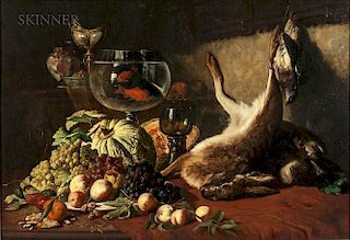 Lucas Victor Schaefels (Belgian, 1824-1885)  Still Life with Fruit, Goldfish, and Hare