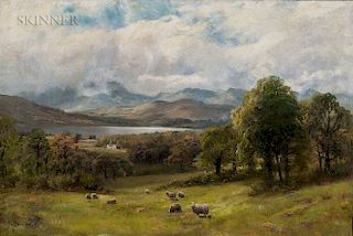 James Henry Crossland (British, 1852-1939)  Valley Landscape with Sheep at Pasture