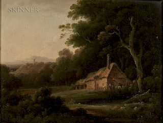 John Rathbone (British, 1750-1807)  Cottage at the Forest's Edge with Distant Windmill