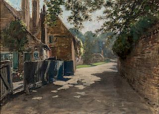 Francis Hopkinson Smith (American, 1838-1915)  Cottages and Sun-dappled Path