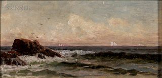 Alfred Thompson Bricher (American, 1837-1908)  Rocky Shore with Distant Sailboats