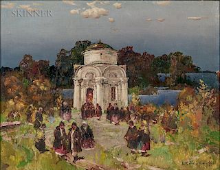 Sergei Mikhailovich Kolesnikoff (Russian, 1889-1952)  Figures Outside a Church
