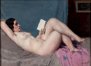 Louis François Biloul (French, 1874-1947)  Reclining Nude with Book