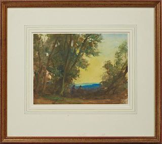American School, "Watching the Sunrise," 19th c., watercolor, signed indistinctly lower right, presented in a gilt frame, H.-