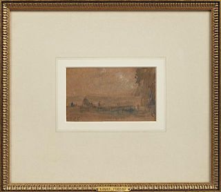 Continental School, "Field with Tree on Right," 19th c., graphite and watercolor, initialed "L.F." lower left, presented in a