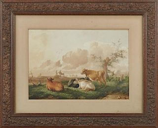 American School, "Cows in the Field," c. 1880, watercolor, presented in a carved oak frame, H.- 11 in., W.- 16 in.