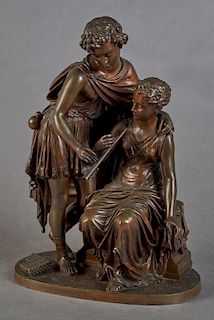 Continental School, "The Music Lesson," 19th c., patinated bronze group, on an integral oval base, H.- 14 1/2 in., W.- 10 1/4