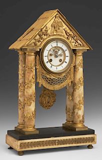 Unusual French Gilt Bronze Mounted White Marble Open Escapement Portico Clock, 19th c., by Samuel Marti, the peaked gilt bron