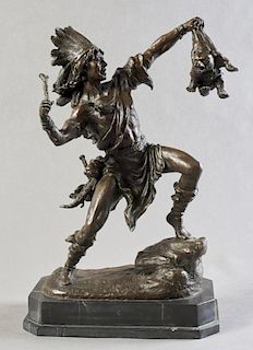 American School, "Native American Hunting a Bear," 20th c., patinated bronze, presented on a stepped black marble base, H.- 2