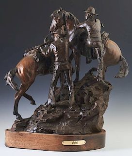 Ed Spears, "Ambush," 1986, patinated bronze, 2/30, signed and numbered at rear of base, on a thick mahogany base with a brass