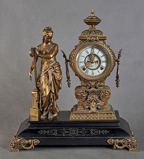 Ansonia "Music" Model Figural Gilt Spelter and Cast Iron Mantle Clock, c. 1880, the open escapement drum clock, time and stri