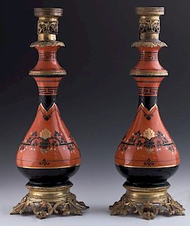 Pair of English Neoclassical Style Brass and Ceramic Lamps, 19th c., the baluster sides decorated with gilt and enamel decora