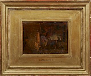 In the Manner of Camille Corot, "Interior Scene," 20th c., oil on panel, presented in a wide gilt frame, H.-7 in., W.- 9 3/4 
