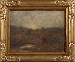 J. F. Tabor, "Hazy Landscape with Red Bush," 20th c., oil on board, signed lower right, presented in a carved giltwood frame,
