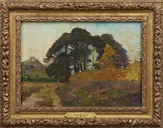 Hugo Ballin (1879-1956), "Italian Hillside," 20th c., oil on canvas, laid to panel, unsigned, presented in a gilt and gesso f
