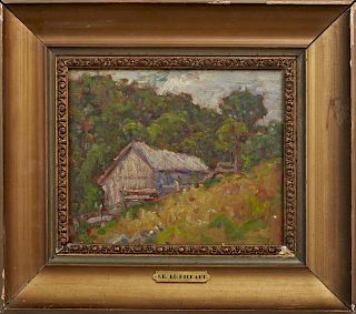 Attr. to J. P. McRickard ( 1872- New York), "Cabin in the Woods," 20th c., oil on board, presented in a gilt and gesso frame,
