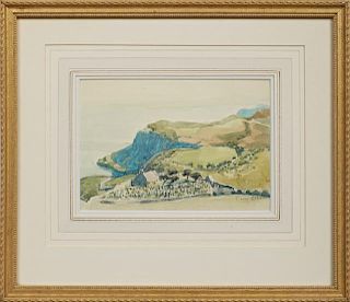T. Lunt Roballo, "Rocky Cliff Along the Coast," 20th c., watercolor, signed lower right, presented in a gilt frame, H.- 6 in.