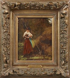 French School, "Peasant Girl with Rake," 19th c., oil on panel, presented in a period gilt and gesso frame, H.- 8 3/4 in., W.