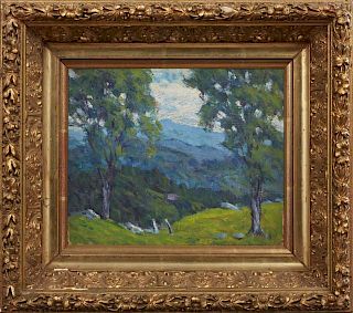 Attr. to James McRichard (1872-), "Landscape," 19th c., double sided oil on board, unsigned, presented in a period gilt and g