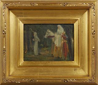 Continental School, "Three Men and a Horse," 19th c., oil on board, presented in a relief gilt and gesso frame, H.- 5 1/2 in.