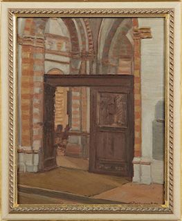 K. Polludan, "Interior Door," 1954, oil on panel, signed and dated lower right, presented in a gilt and polychromed frame, H.