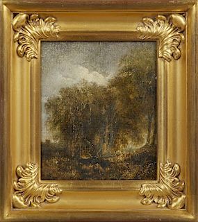 Barbizon School, "Wooded Path," 19th c., oil on canvas, presented in an ornate gilt and gesso frame, H.- 9 in., W.-7 3/8 in. 