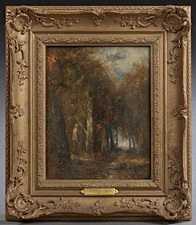 Attr. to Frederic Jacques Sang (1846-1931), "La Foret," 20th c., oil on panel, presented in a gilt and gesso frame, H.- 9 1/8