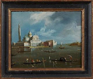 Venetian School, "Canal Scene," 19th c., oil on board, presented in a gilt and ebonized frame, H.- 9 3/8 in., W.- 11 5/8 in.