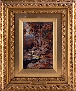 Joseph Vickers Deville (1856-1925), "The Falls," 19th c., oil on panel, signed lower center, presented in a gilt and gesso fr