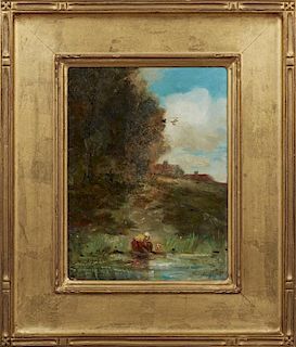 Continental School, "Lady by the Side of a River," 19th c., oil on canvas, signed indistinctly lower left, presented in a car