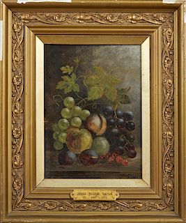 Tessie Sayer, "Still Life of Fruit," 1887, oil on board, signed and dated lower right, presented in a period gilt and gesso f