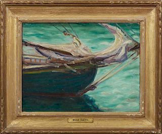 Maud Smith, "Ship," 20th c., oil on board, signed lower right, presented in a carved gilt and gesso frame, H.- 11 7/8 in., W.