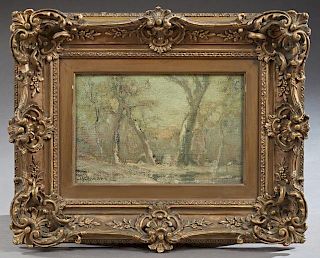 American School, "Forest Landscape," 19th c., oil on canvas, signed indistinctly lower left, presented in a period gilt and g