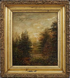 Continental School, "Trees Around a Stream, A Roadside Shrine Beyond," 19th c., oil on canvas, presented in a period gilt and