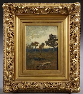 Continental School, "Landscape With Trees and Clouds," 19th c., oil on board, presented in an ornate gilt and gesso shadowbox