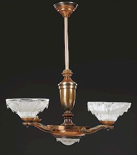 French Copper Plated Four Light Chandelier, c. 1920, with an urn form support to a stepped bottom ring with a relief glass in