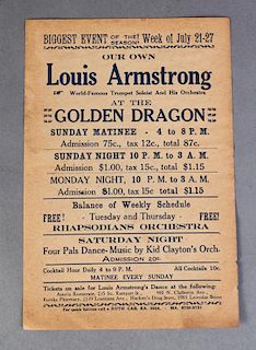 Playbill for Louis Armstrong, c. 1935, at the Golden Dragon, New Orleans, unframed, H.- 9 in., W.- 6 in.