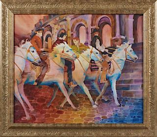 C. Henry, "Horses and Riders," 2004, watercolor, signed and dated lower right, presented in a pressed gilt wood frame, H.- 19