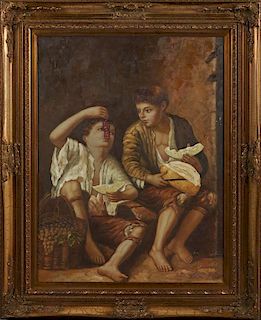 Chinese School, "Peasant Boys at Lunch," 20th c., oil on canvas, signed indistinctly lower right, presented in a gilt frame, 