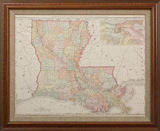 Large Colored Map of Louisiana, 1898, from the Rand McNally Indexed Atlas of the World, double folio, presented in a mahogany