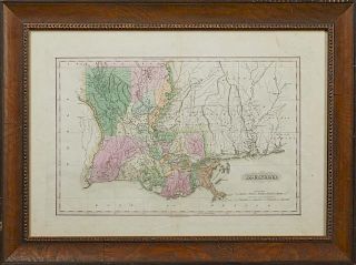 Fielding Lucas, Jr., "Map of Louisiana," 1823, colored map, from his "General Atlas," Baltimore, presented in a walnut frame 