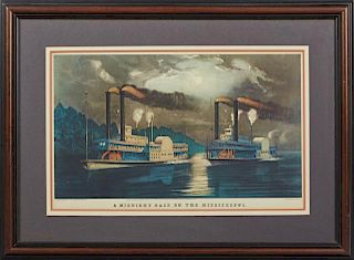 After Currier and Ives, "Midnight Race on the Mississippi," small folio lithograph, published in 1860 by Currier and Ives, Ne
