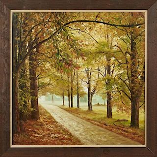 Novak, "Autumn Foliage," 20th c., oil on canvas, signed lower left, presented in a rustic pine frame with a linen liner, H.- 