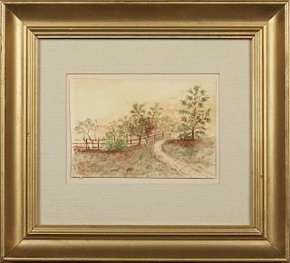 American School, "Winding Road Along a Fence," early 20th c., watercolor, signed in monogram "MAW," lower left, presented in 