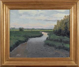 John Stanford (Florida), "Evening Marsh," 20th c., oil on canvas, signed lower left, verso with a label from Cole Pratt Galle