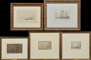 Louis Henri Foureau (1866-1938, France), "Landscape," group of five graphites, each signed, presented in gilt frames, Largest