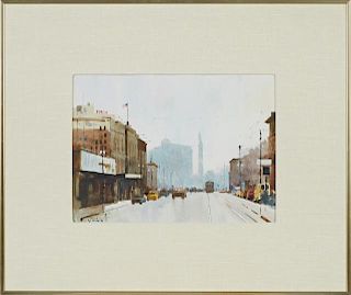Paul Dartez (1919-1995, Louisiana), "View of Lee Circle from St. Charles Ave," 20th c., watercolor, signed lower left, presen