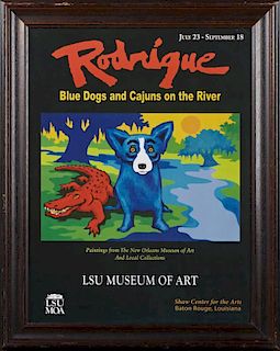 George Rodrigue Exhibition Poster, "Blue Dogs and Cajuns on the River, LSU Museum of Art, July 23 - September 18," presented 