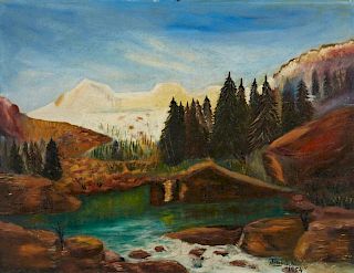 Jim Richardson, "Mountain Splendor," 1954, oil on board, signed lower right, verso inscribed "Mountain Splendor painted by li